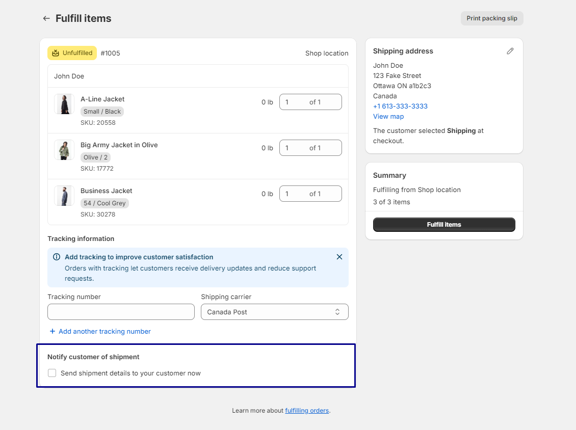 Enter your tracking details. Uncheck Notify customer of shipment.